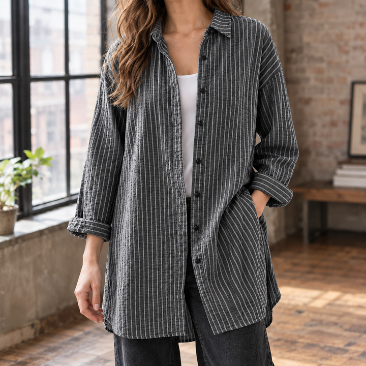 Women's Striped Longline Oversized Button-Up Shirt Leontine – Charcoal – front