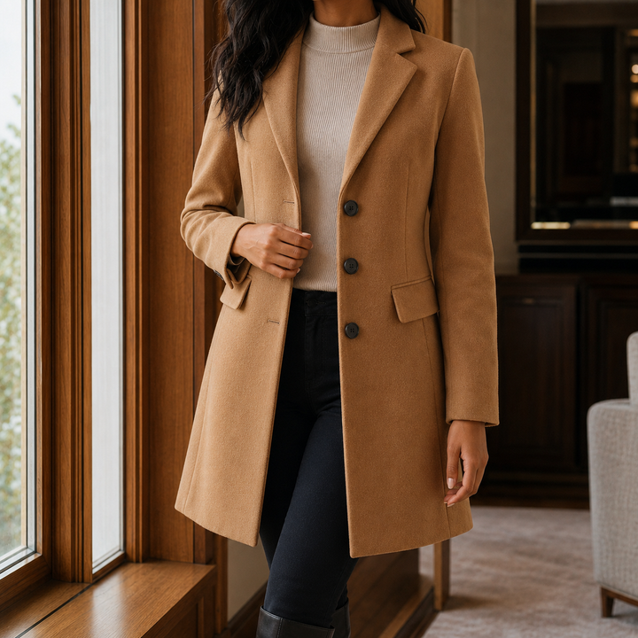 Women's Tailored Wool-Look Coat with Notch Lapels – Appleby – Camel – front view