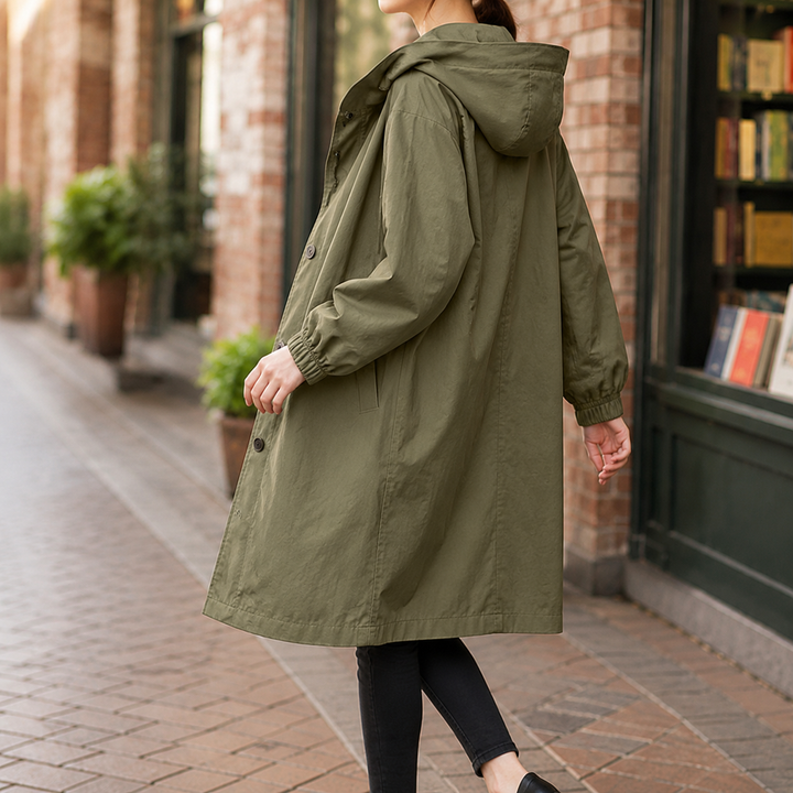 Lewes women's hooded overcoat in Khaki Green – side view