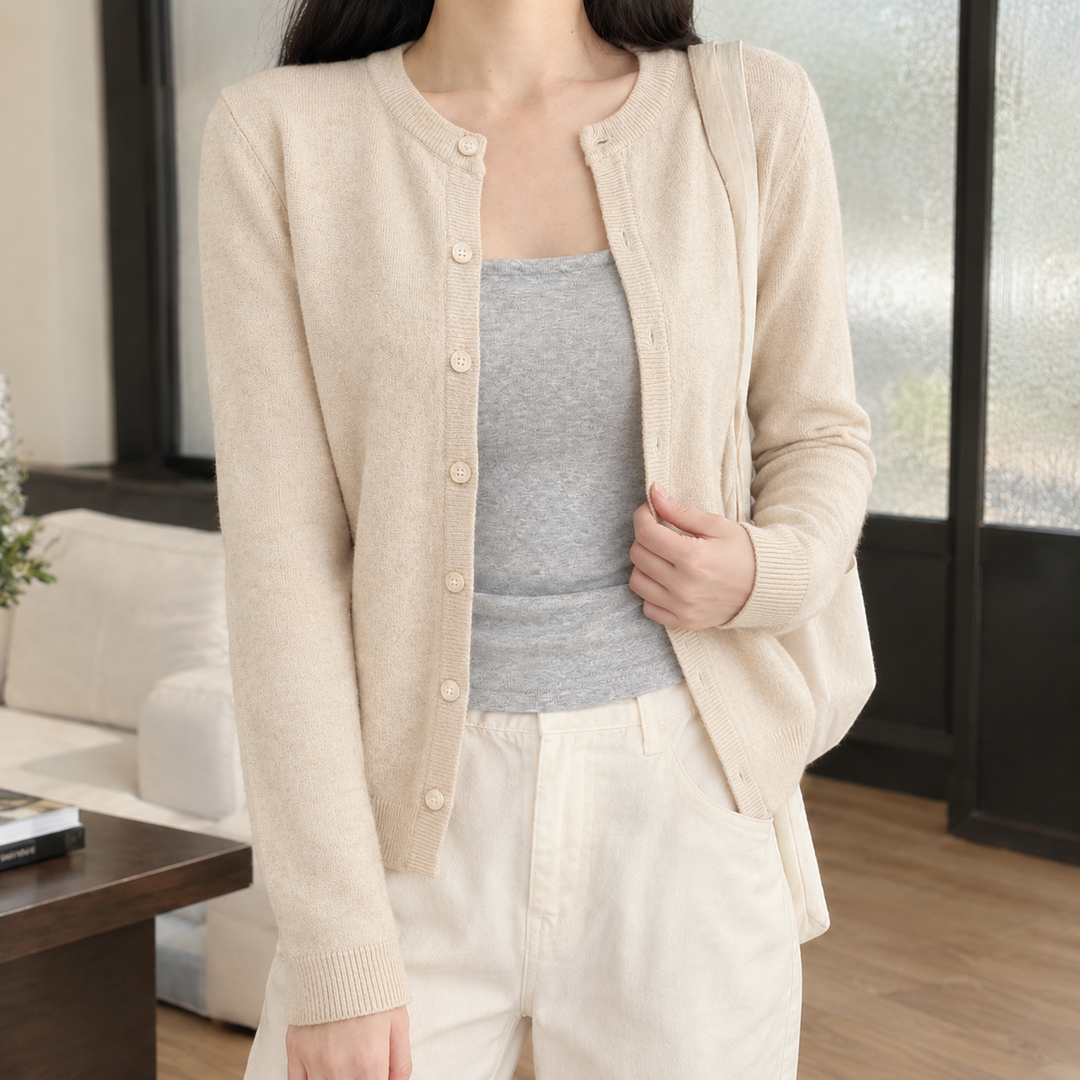 Women's Slim Fine Knit Crew Neck Button-Through Cardigan – Judith – Oatmeal – front view