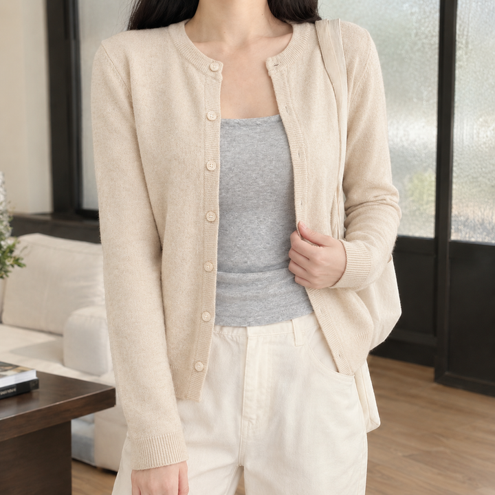 Women's Slim Fine Knit Crew Neck Button-Through Cardigan – Judith – Oatmeal – front view