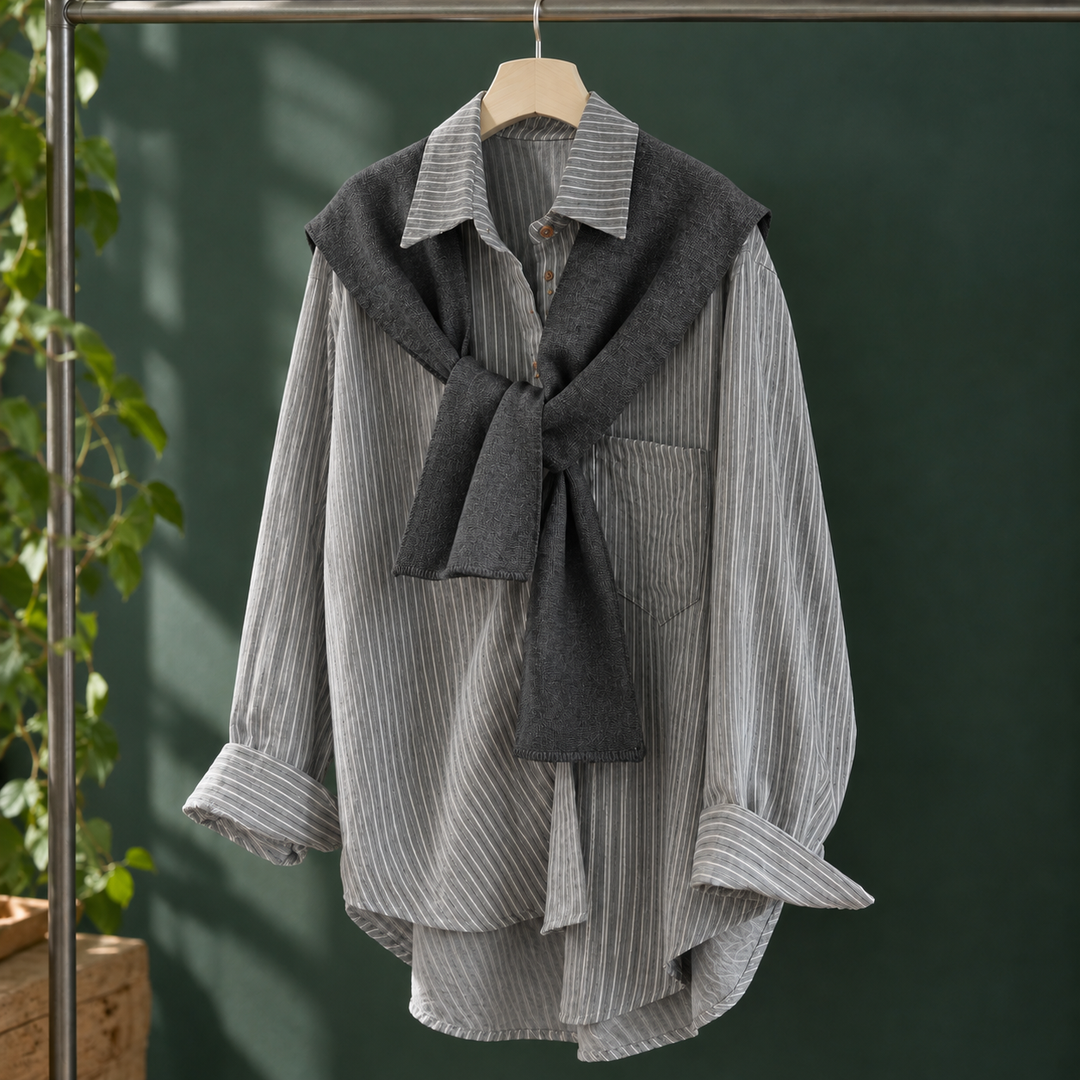 Women's Striped Oversized Shirt with Knitted Shoulder Wrap Mackenzie – Grey – front