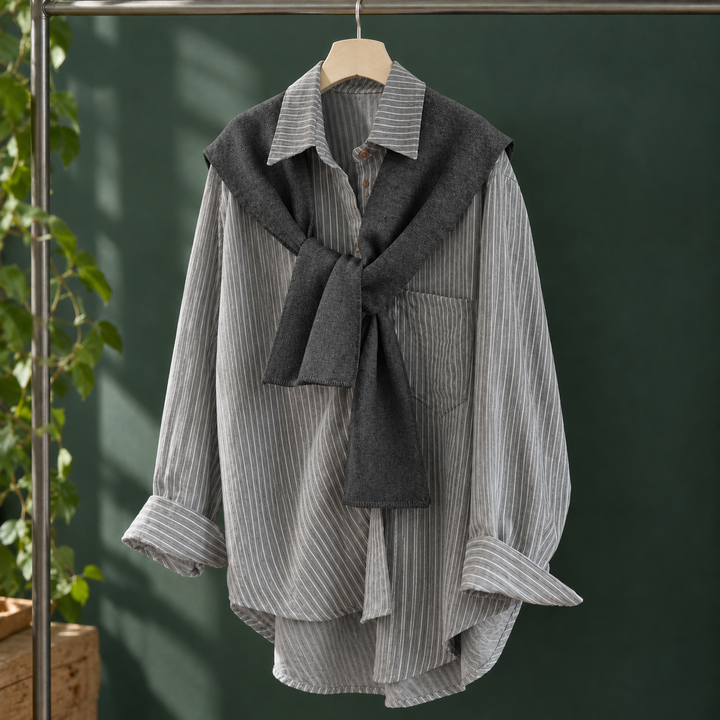 Women's Striped Oversized Shirt with Knitted Shoulder Wrap Mackenzie – Grey – front