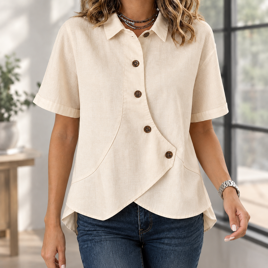 Women's Asymmetric Button Short Sleeve Linen-Blend Shirt Pomeline – Cream – front