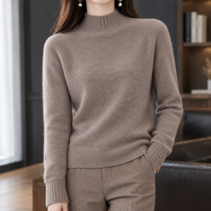Women's Cashmere Mock Neck Jumper with Raglan Sleeves – Wilma – Brown – front view