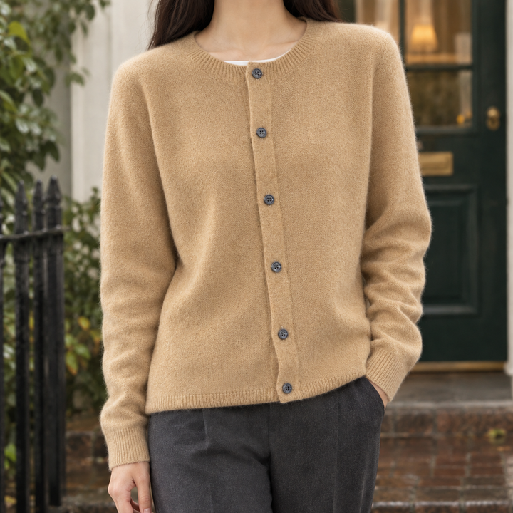 Women's Wool Crew Neck Button-Through Cardigan – Gwenllian – Camel – front view