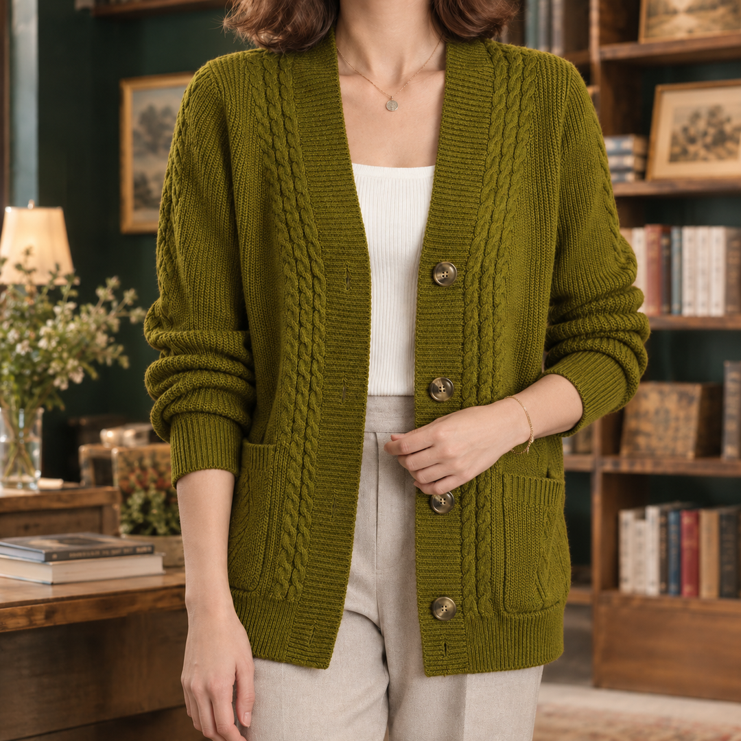 Women's cable knit cardigan Petula in Green – alternate view