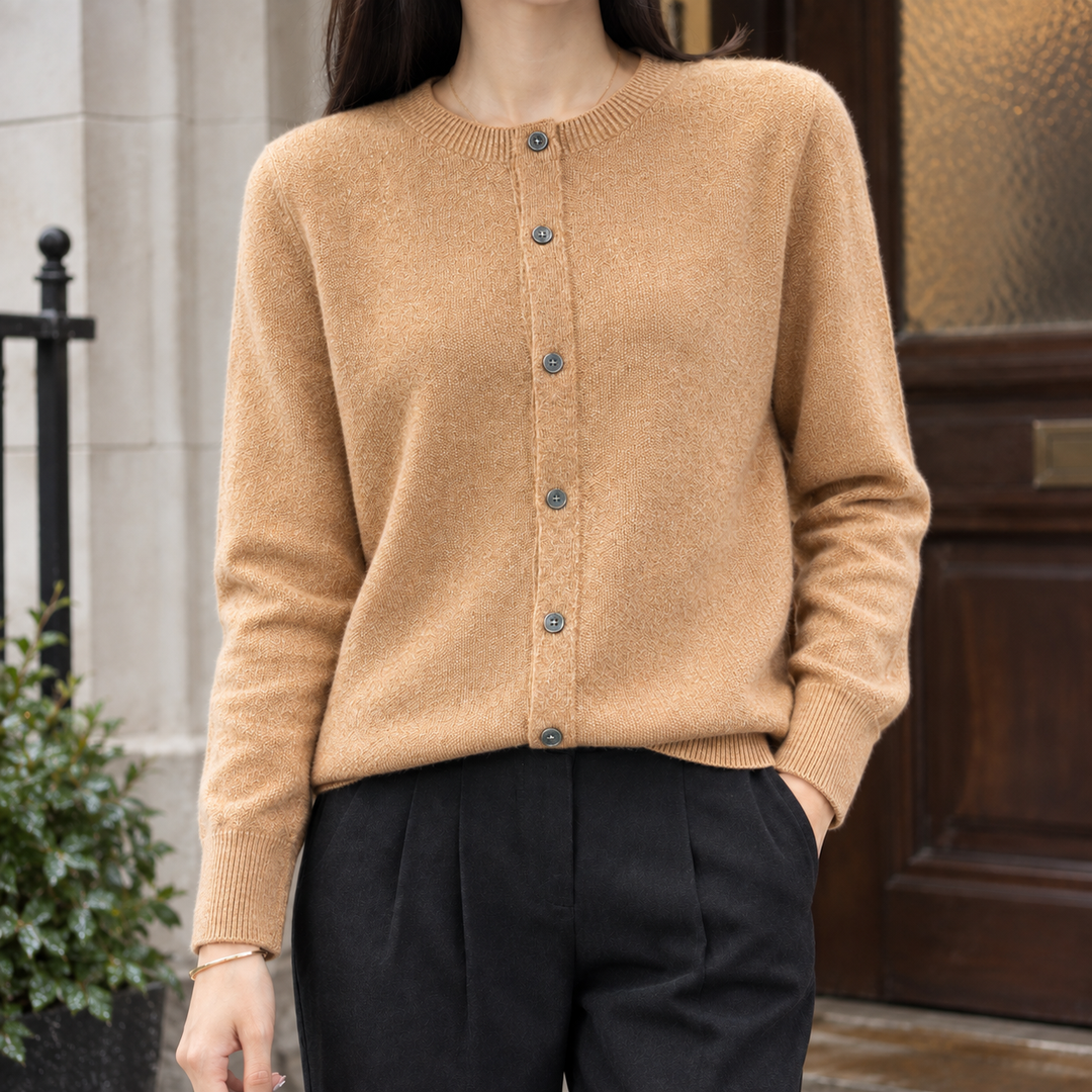 Women's wool-rich cardigan Paulette in Golden Camel – front view