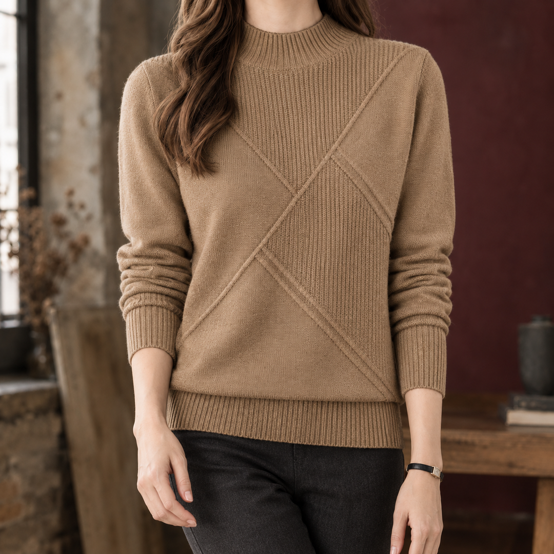 Women's Wool Blend Mock Neck Jumper with Geometric Rib Detail – Rhoswen – Camel – front view