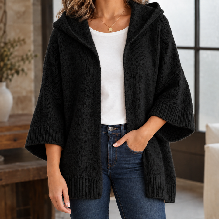 Brenna - Women's hooded knit cardigan in Black – alternate view