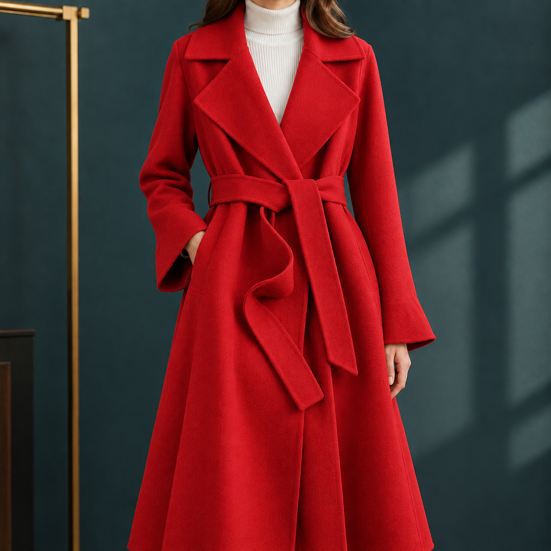 Woodstock women's wool wrap coat in Red – front view