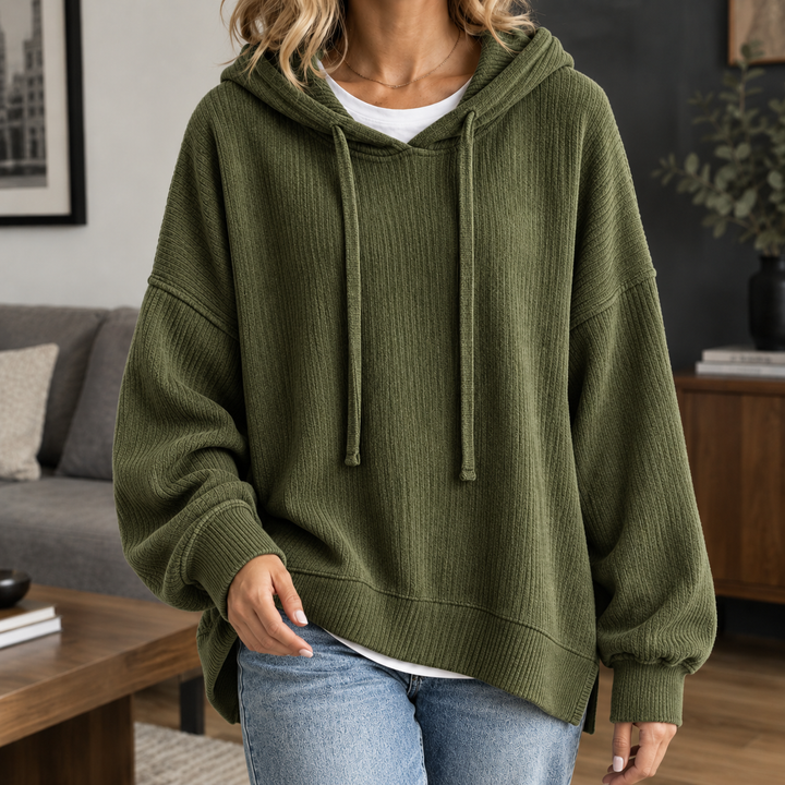 Miranda - Women's ribbed knit hoodie in Khaki Green – alternate view