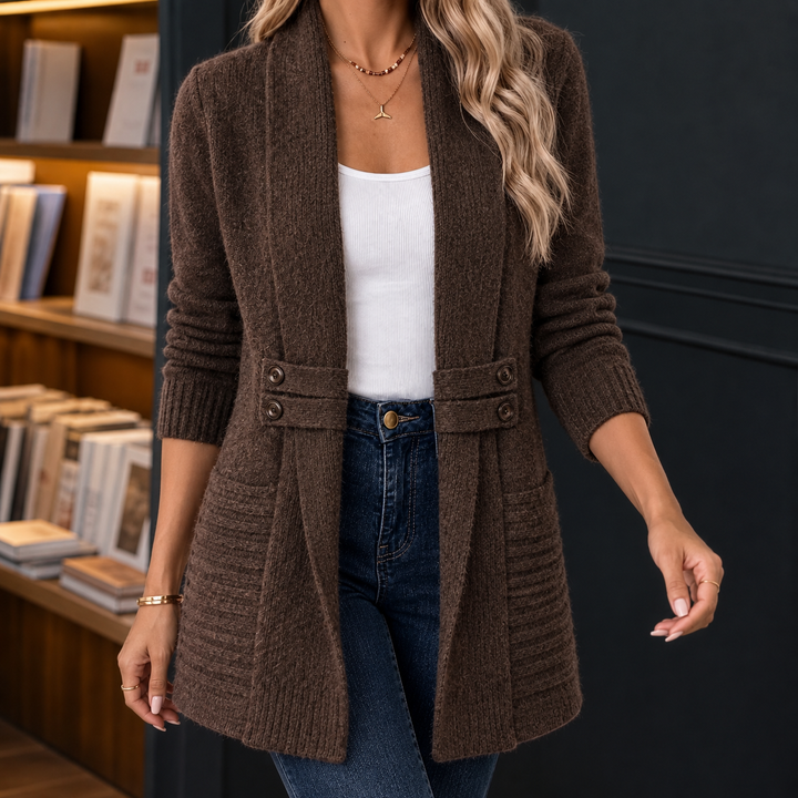 Esmerelda - Women's shawl collar cardigan in Brown – front view