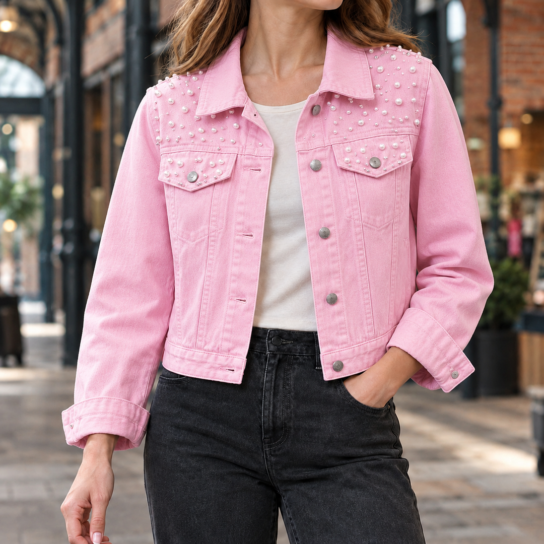 Women's Cropped Denim Jacket with Pearl Embellishment – Llandeilo – Pink – front view