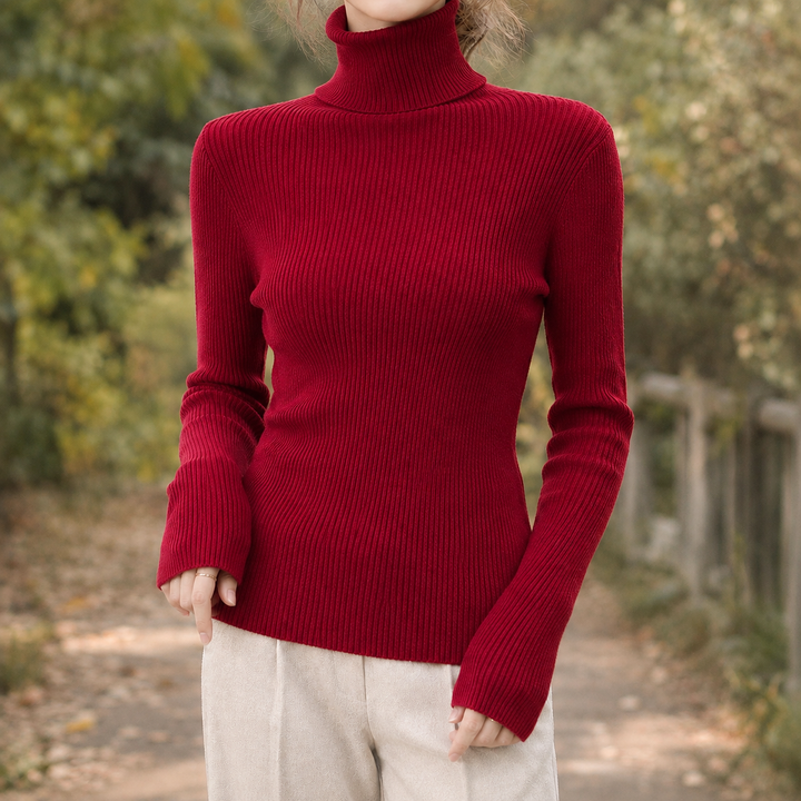 Carole - Women's ribbed roll neck jumper in Burgundy – front view