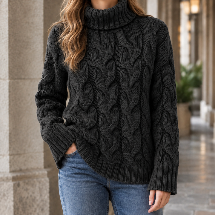 Ella - Women's cable knit roll neck jumper in Black – front view