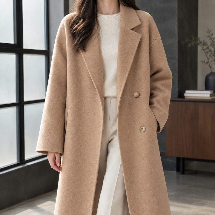 Women's Double-Breasted Wool-Blend Longline Coat Grasmere – Camel – front