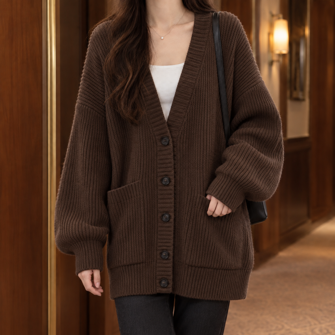 Morag - Women's ribbed cardigan in Brown – alternate view