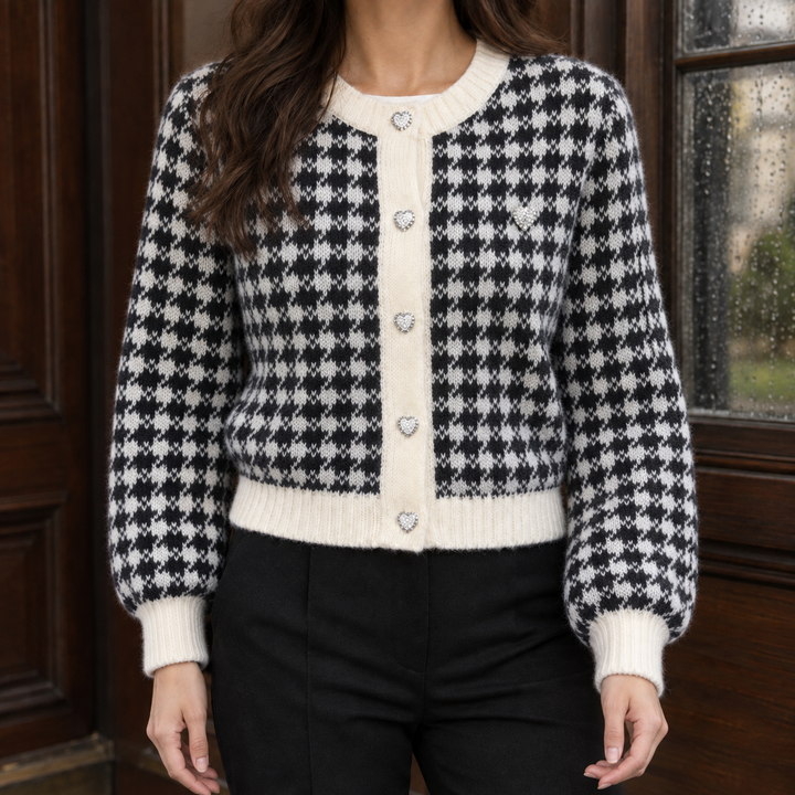 Women's Cropped Houndstooth Cardigan with Heart Buttons – Alberta – Black – front view