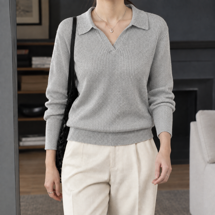 Women's Ribbed Knit Polo Collar Jumper – Janet – Light Grey – front view