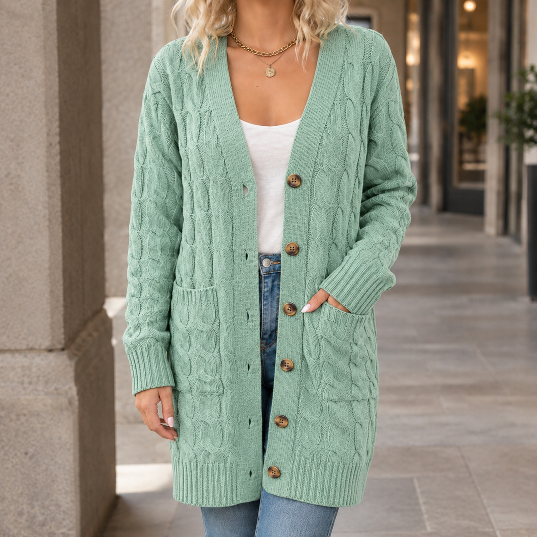 Theodosia - Women's cable knit cardigan in Sage Green – front view