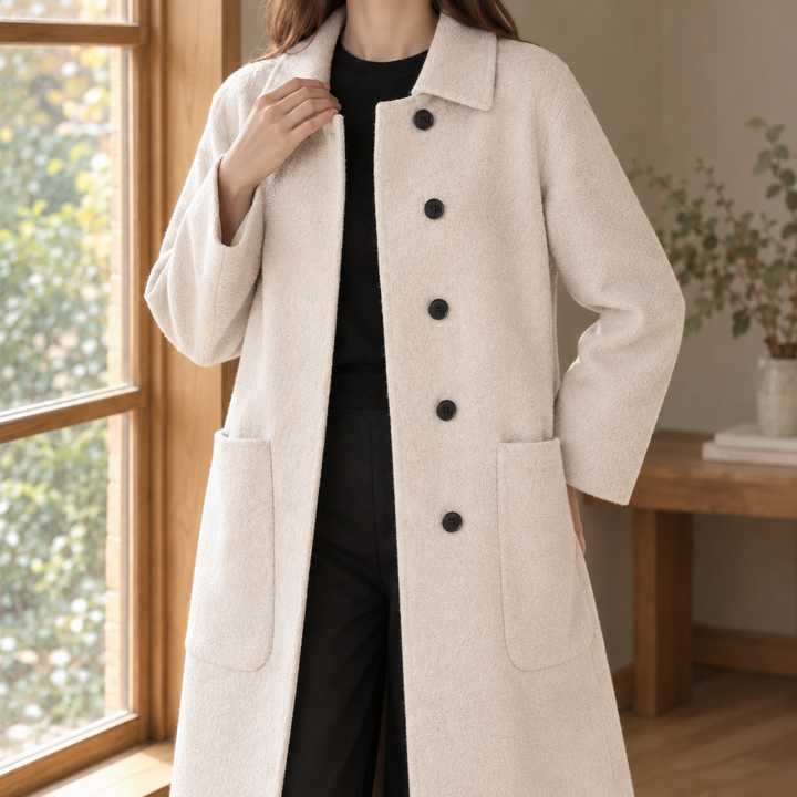 Lyme women's longline wool coat in Oatmeal – front view