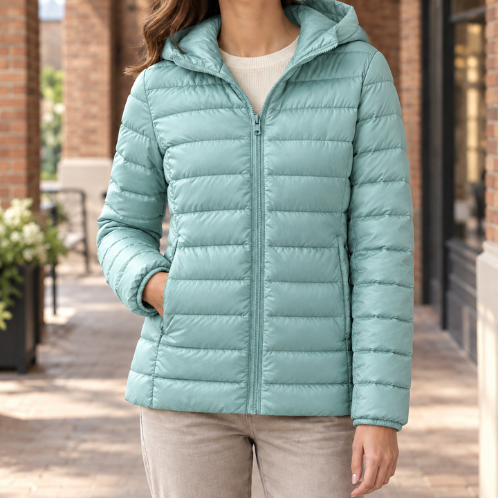 Goring women's puffer jacket in Duck Egg – front view