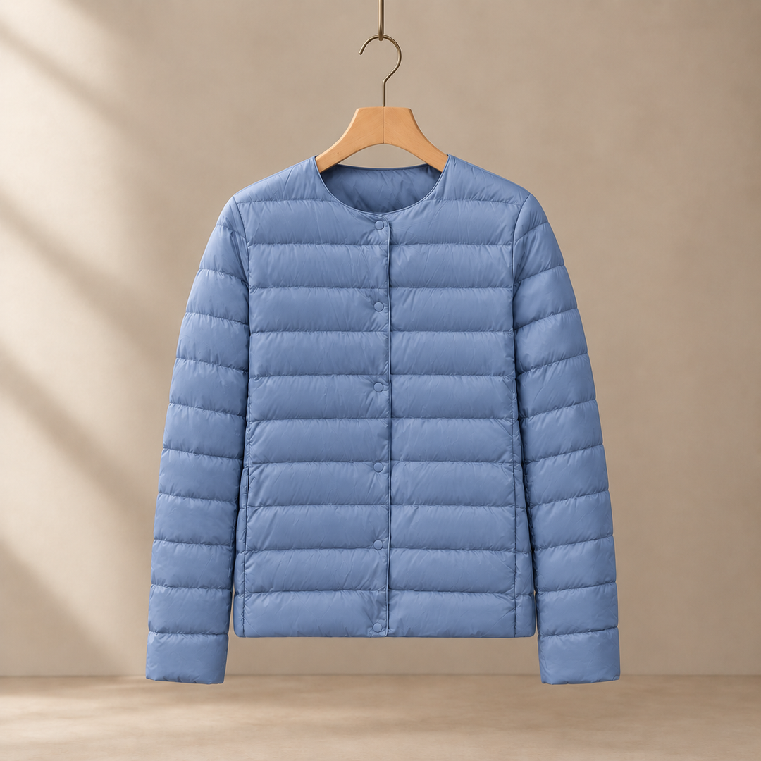 Women's Collarless Lightweight Quilted Jacket with Snap Front – Clitheroe – Dusty Blue – front view
