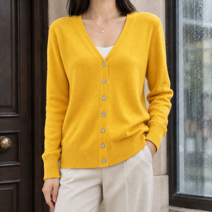 Women's Soft Knit V-Neck Button-Through Cardigan – Alanna – Yellow – front view