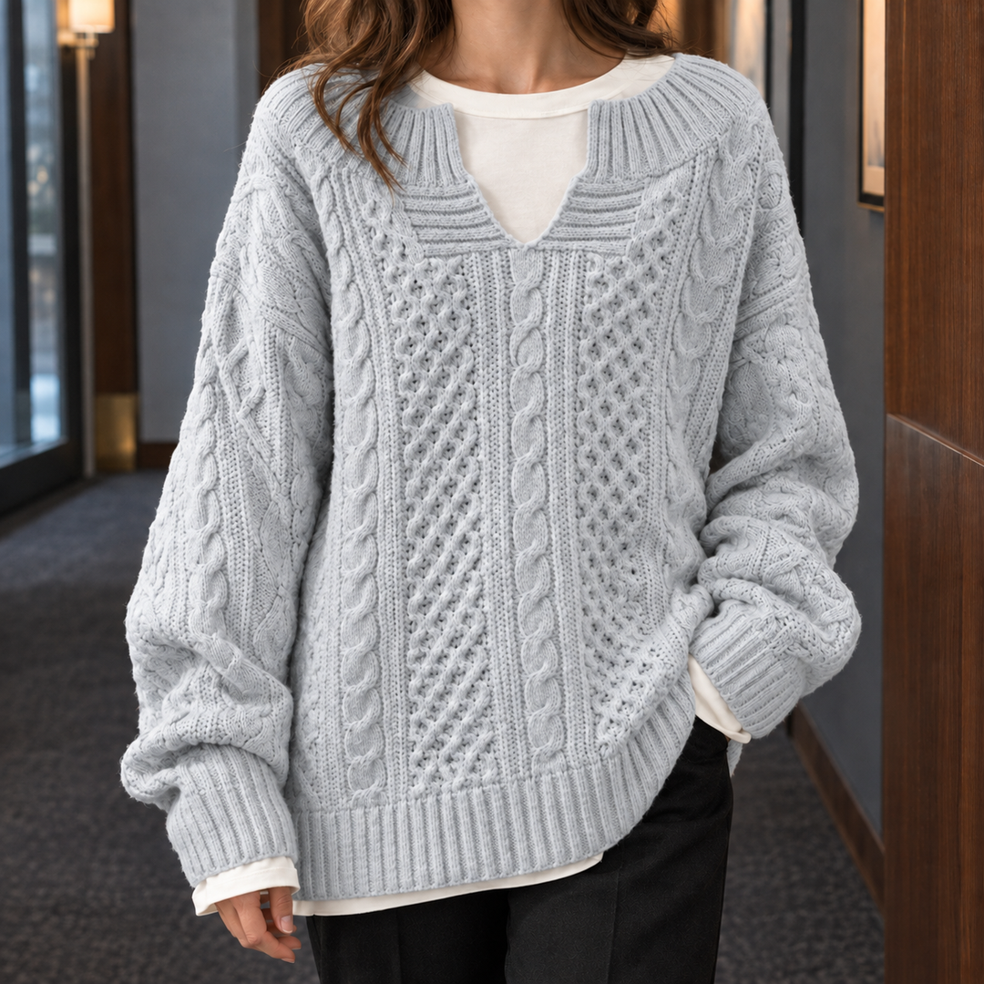 Women's Oversized Cable Knit Split Neck Jumper – Rhona – Light Grey – front view