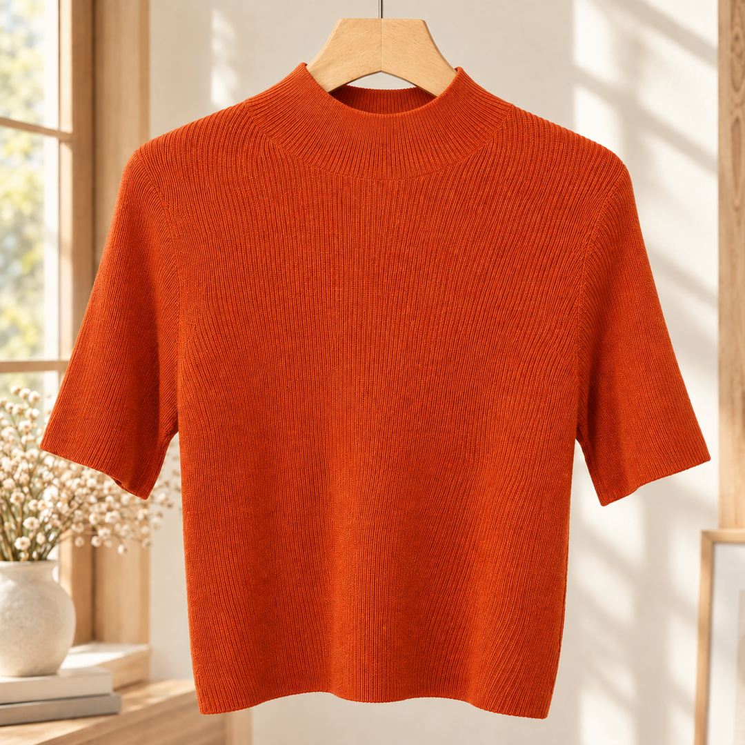 Ceinwen - Women's ribbed mock neck knit top in Orange – front view