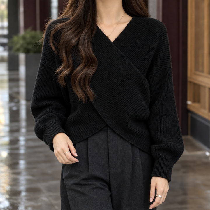Anita - Women's crossover jumper in Black – product view