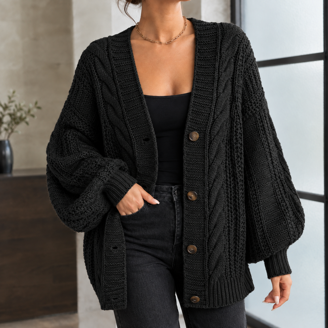 Women's Chunky Cable Knit Oversized V-Neck Cardigan – Euphemia – Black – front view