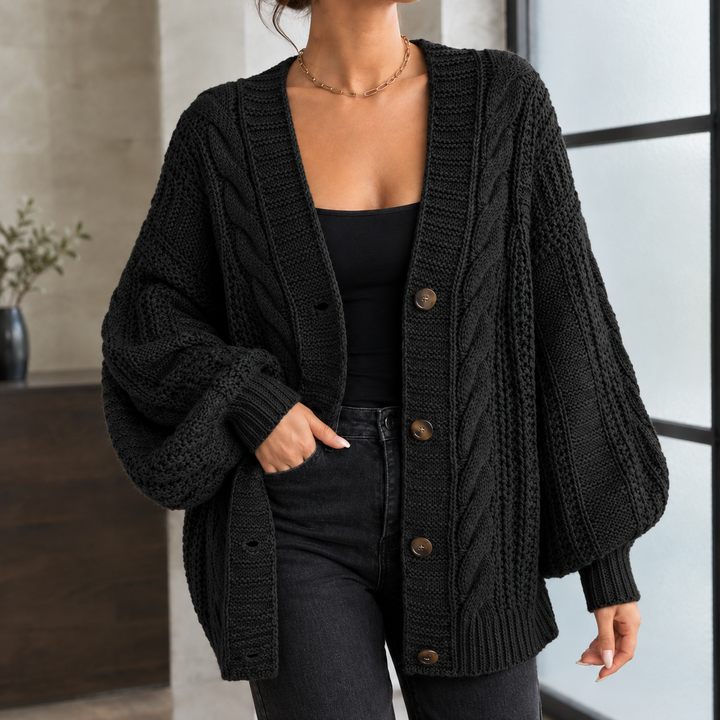 Women's Chunky Cable Knit Oversized V-Neck Cardigan – Euphemia – Black – front view