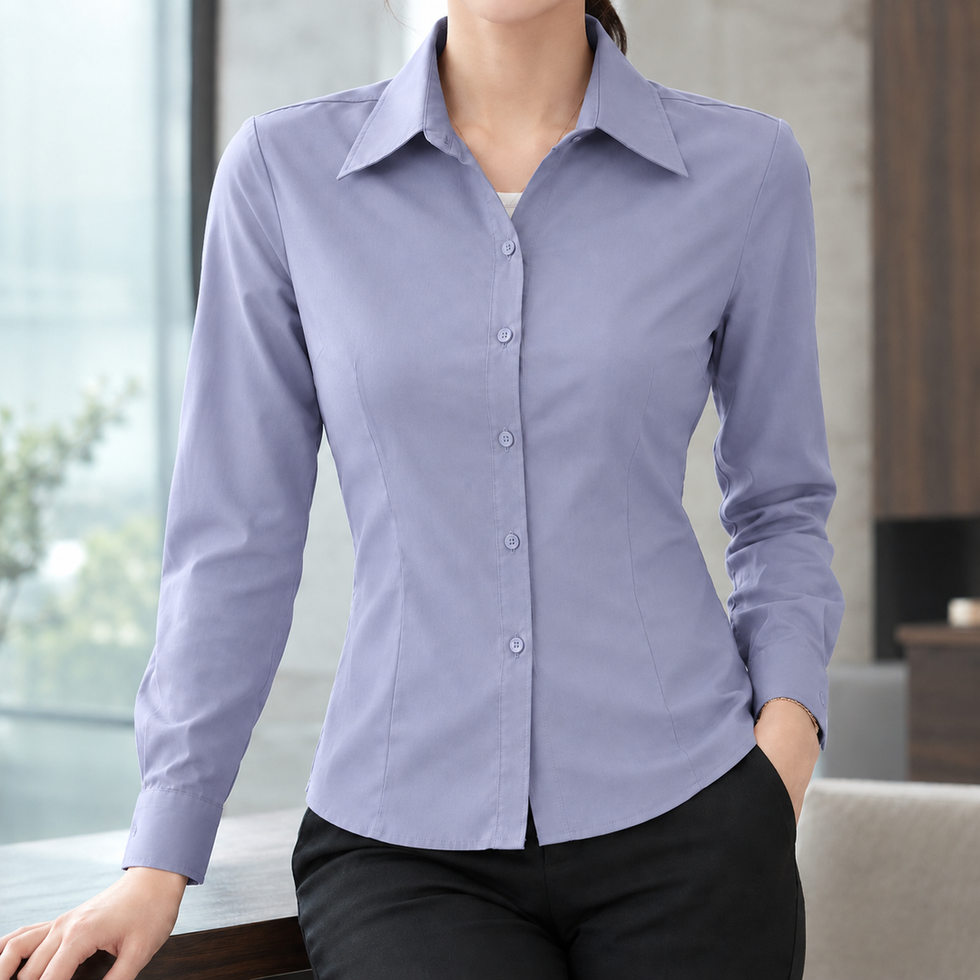 Women's Slim Fit Long Sleeve Button-Up Office Shirt Yolanthe – Lavender Grey – front