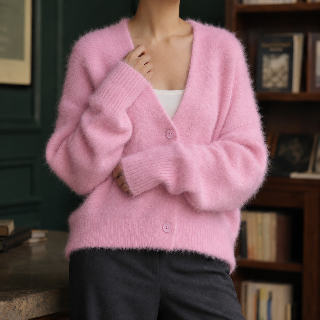 Women's fluffy V-neck cardigan Carrie in Pink – front view