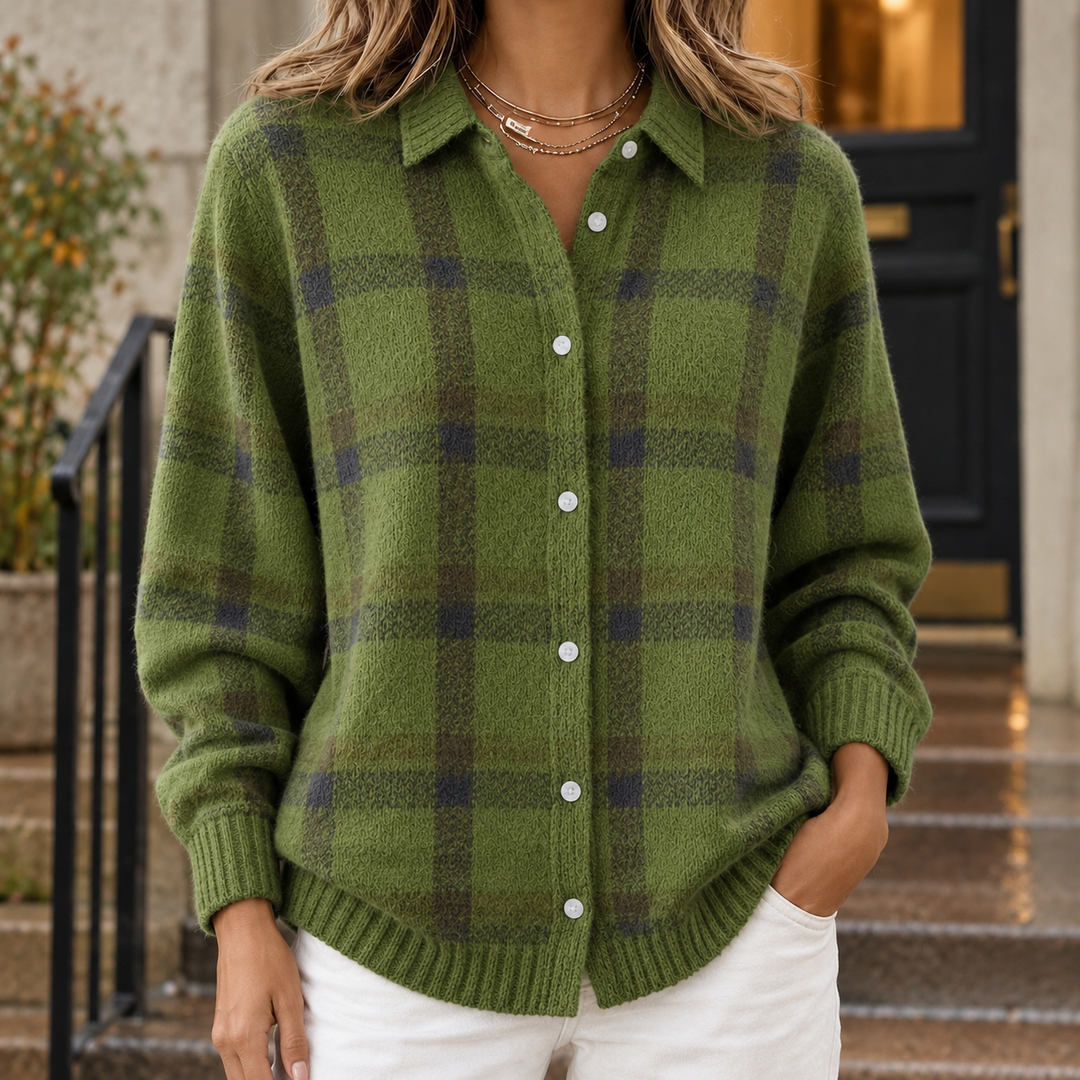 Women's Knitted Check Shacket with Ribbed Cuffs Solange – Green – front