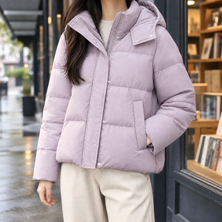 Marazion women's hooded puffer jacket in Lilac – front view