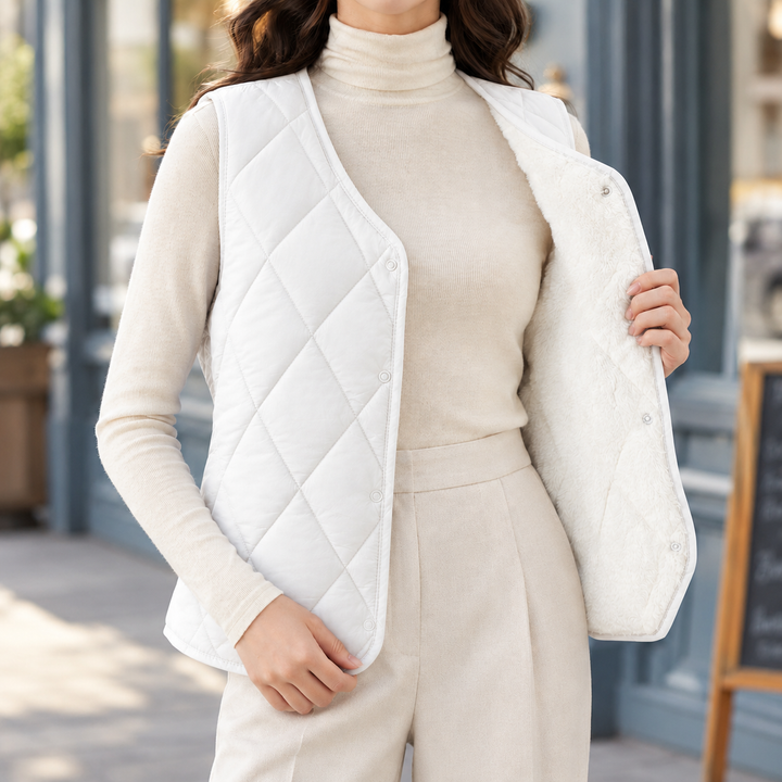 Women's Diamond Quilted Gilet with Plush Lining – Lerwick – White – front view showing lining