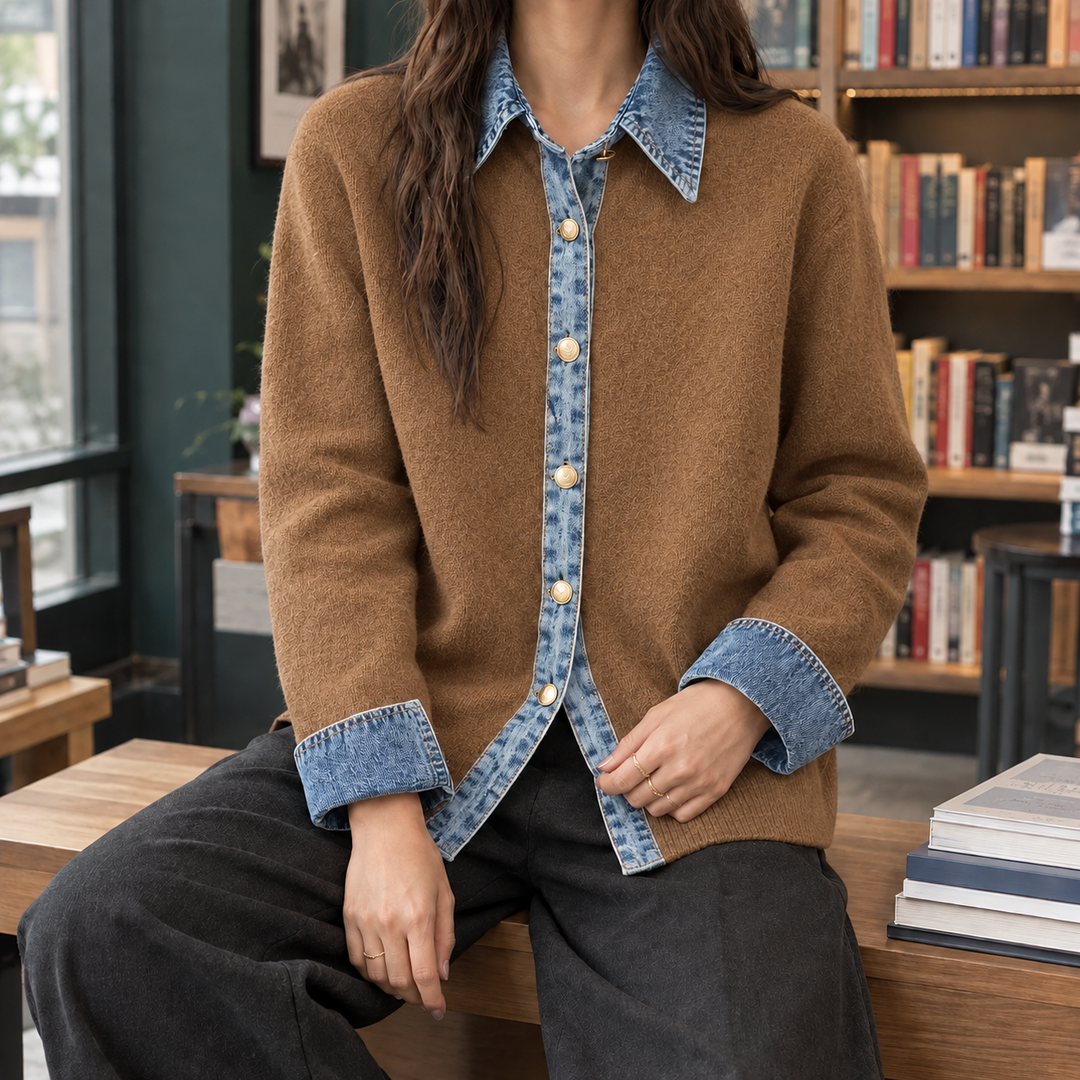 Women's Denim Trim Collared Button-Through Cardigan – Elinor – Brown – front view
