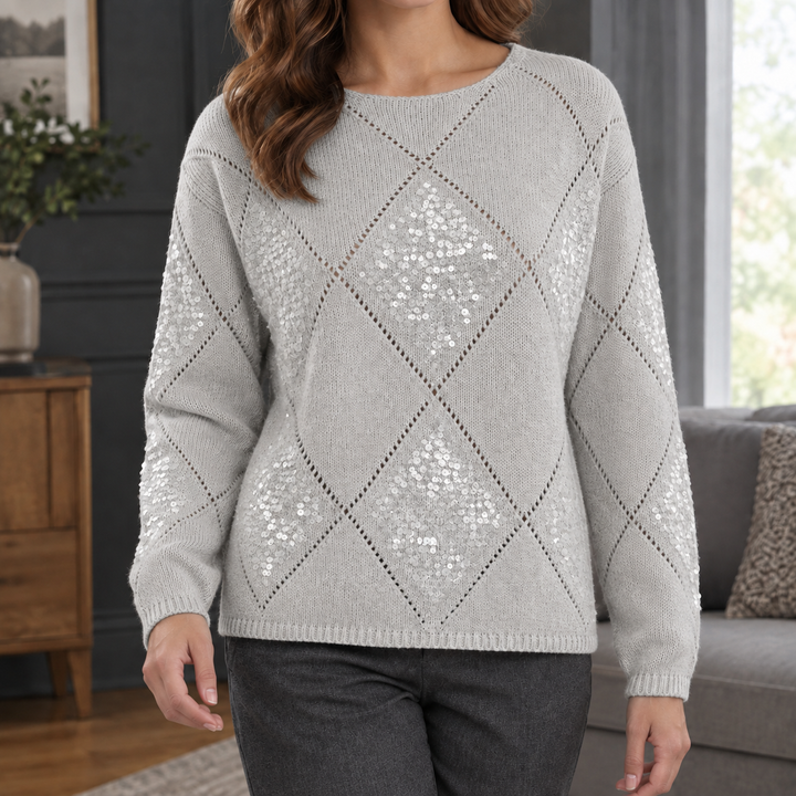 Women's Sequin Openwork Argyle Crew Neck Jumper – Candida – Light Grey – front view