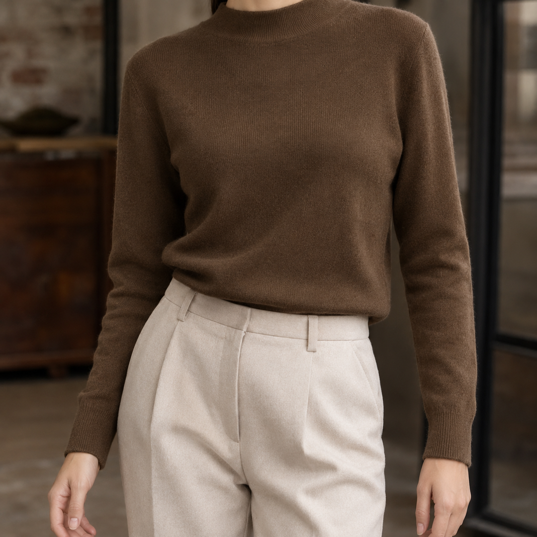 Women's Fine Rib Mock Neck Jumper – Agnetha – Dark Brown – front view