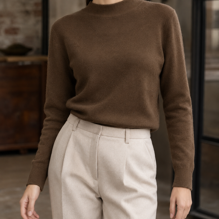 Women's Fine Rib Mock Neck Jumper – Agnetha – Dark Brown – front view