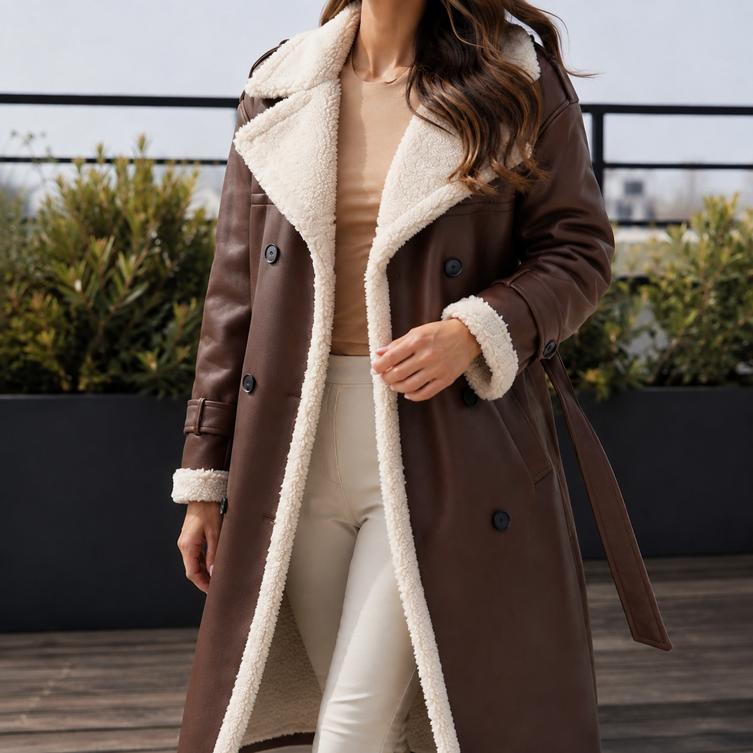 Cartmel women's belted longline coat in Chocolate – front view