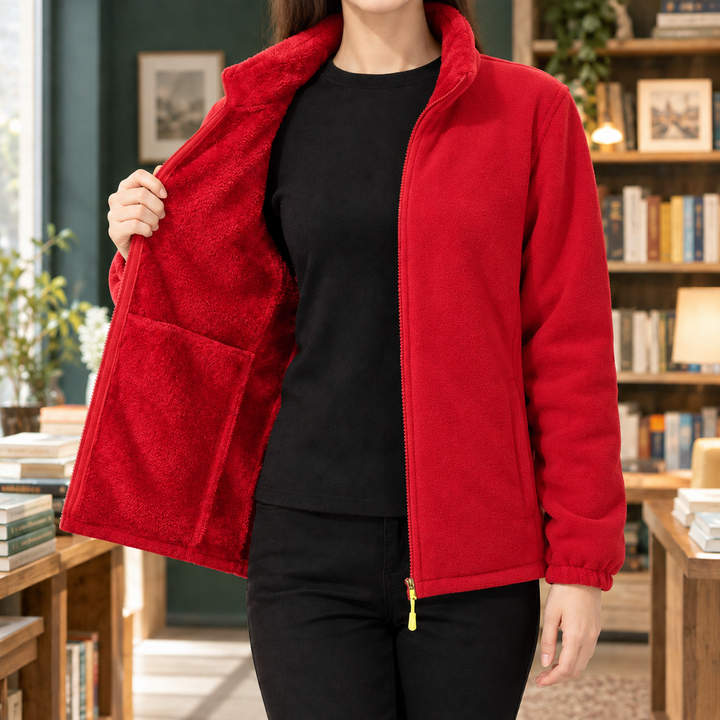 Totnes women's fleece jacket in Red – front view, open