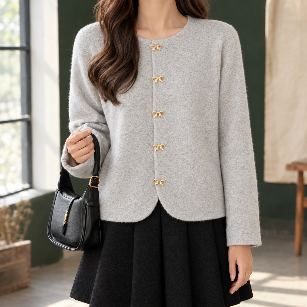 Women's Round Neck Cardigan with Bow Buttons – Avice – Grey – front view