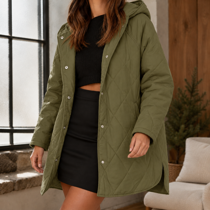 Chesham women's hooded quilted jacket in Khaki Green – front view