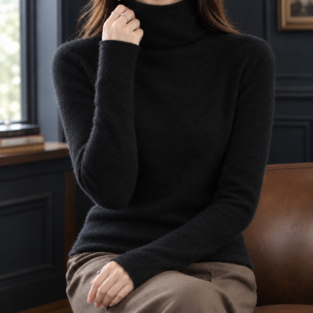 Women's Fine Cashmere Slim Roll Neck Jumper – Toni – Black – front view