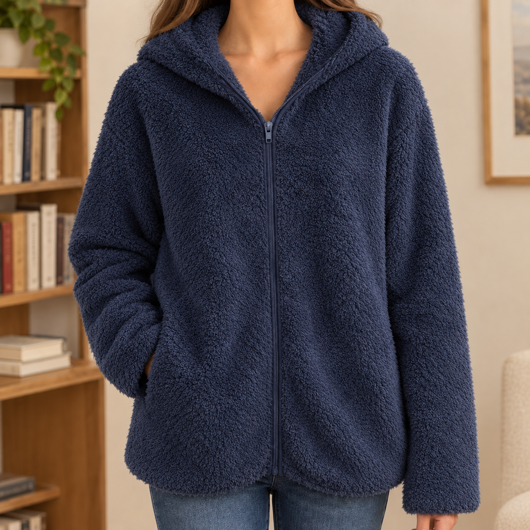 Abingdon women's hooded teddy jacket in Navy – front view