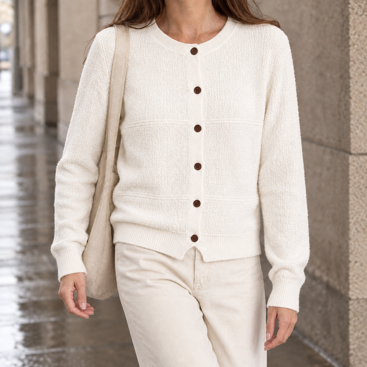 Women's Textured Knit Crew Neck Cardigan with Contrast Buttons – Jenifry – Cream – front view